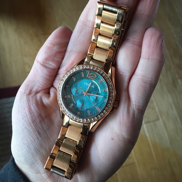Gold Fossil Watch with Teal Blue Face - Picture 2 of 5